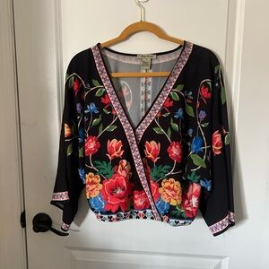 Red and Black Embellished Wrap Blouse